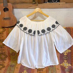 🌼 Boho White Embroidered Off Shoulder Top Flowy Peasant Blouse Bohemian Shirt